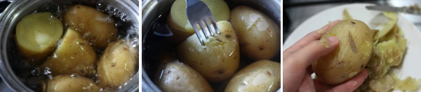 Lavate le patate e mettetele in una pentola con acqua fredda, accendete il fuoco e una volta raggiunto il bollore fate cuocere per 20 minuti con un coperchio. Per assicurarvi della giusta cottura infilate una forchetta nella patata, se entra senza sforzo è pronta. Scolate l’acqua e pelate le patate.
 