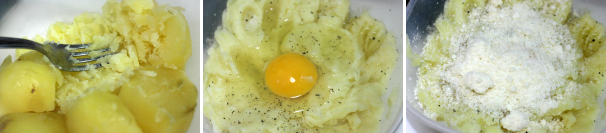 Con una forchetta schiacciate le patate fino a renderle una purea, aggiungete il sale, il pepe, l’uovo e il formaggio grattugiato.
 