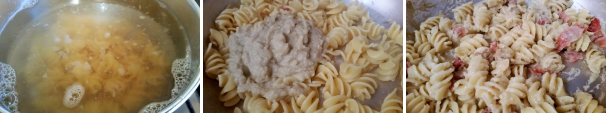 Cuocete i fusilli in abbondante acqua salata per 12 minuti circa, tenendo da parte una tazza di acqua di cottura. Unite nella padella i fusilli alla crema di melanzana e aggiungete i dadini di melanzana croccante e le listarelle di speck dorate, mescolate bene e se necessario incorporate qualche cucchiaio di acqua di cottura. Servite subito con scaglie di pecorino romano.