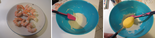 Sbucciate i gamberetti. Preparate la pastella unendo la farina con l’acqua gassata. Mescolate delicatamente, unite due cucchiai di farina di mais e mescolate.