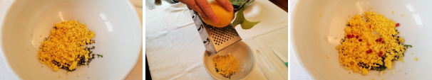 Unite in una ciotola il trito di aromi, l’aglio e 2 cucchiai di tuorlo sodo sbriciolato, grattugiate la scorza del limone e aggiungete il sale e i grani di pepe rosa.
