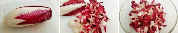 Prendete il radicchio, lavatelo accuratamente sotto acqua corrente, in modo che tutte le foglie siano pulite, quindi tagliatelo a listarelle piuttosto sottili e in modo piuttosto grossolano. Ponete il radicchio in una terrina.