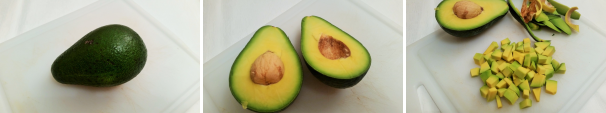 Prendete l’avocado, tagliatelo a metà ed eliminate la buccia. Scavate la polpa e tagliatela a dadini (Guardate “come pulire un avocado in un minuto“).