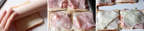 Con l’aiuto di un mattarello appiattite le fette di pancarré e farcitele con il prosciutto e la provola.