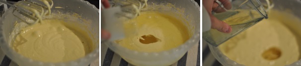 Incorporate bene la farina al composto di uova e zucchero, sempre aiutandovi con la frusta. Poi aggiungete l’olio e il limoncello. Concludete l’incorporo dei liquidi fino ad avere un bel composto cremoso.