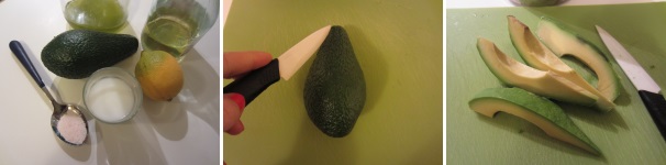 Preparate tutti gli ingredienti. Lavate l’avocado, sbucciatelo e tagliatelo a spicchi oppure a cubetti.