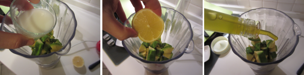 Mettete l’avocado in un mixer. Aggiungete il latte di soia, il succo di mezzo limone e l’olio.