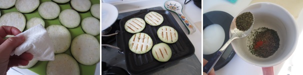Togliete dalle melanzane l’acqua in eccesso, usando della carta da cucina. Grigliate le melanzane. Preparate la marinatura, unendo il prezzemolo con la menta e il peperoncino.