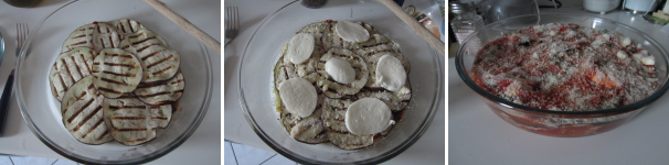 Coprite il sugo con uno strato di melanzane. Cospargete con il Parmigiano Reggiano e coprite con la mozzarella. Salate e pepate. Continuate gli strati, finendo con il sugo di pomodoro e il Parmigiano. Infornate in forno preriscaldato a 180 °C e sfornate dopo circa 40 minuti, o comunque quando si crea una crosticina dorata sulla superficie. Fate raffreddare leggermente e servite .