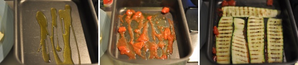Preparate una pirofila con un filo di olio e un cucchiaio di polpa di pomodoro. Iniziate a imbastire la parmigiana con il primo strato di zucchine grigliate.