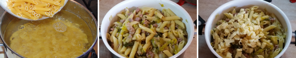 Cuocete la pasta in acqua salata, scolatela, unitela al sugo ed amalgamatela bene, a seguire unite l’Emmentaler tagliato a dadini.