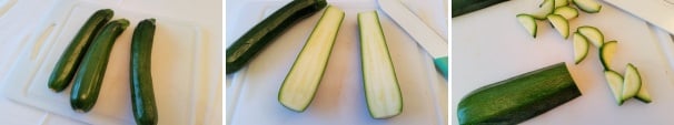 Prendete le zucchine, lavatele accuratamente e tagliatele a metà per la loro lunghezza. Ricavate delle mezze lune di piccolo spessore.