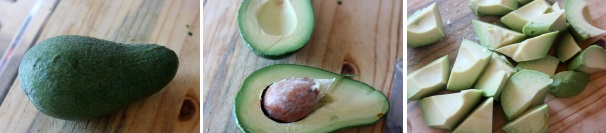 Pulite l’avocado eliminando la buccia e il seme centrale. Successivamente tagliatelo a tocchetti.