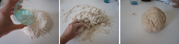 Versate la farina sulla spianatoia. In mezzo alla farina versate, poca alla volta, l’acqua con l’olio e il sale. Lavorate con le mani fino ad ottenere un composto solido e liscio.