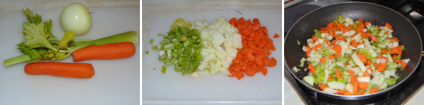 Pulite e lavate le carote, il sedano e la cipolla, dopodiché tagliatele a dadini non troppo sottili, quindi preparate un soffritto nella stessa padella dove è stato rosolato il pollo, ma senza l’olio di cottura, solo a padella unta.