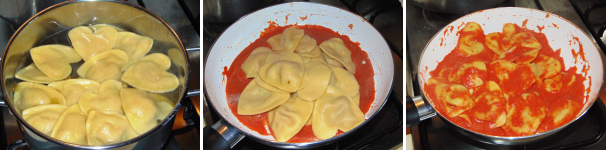 In una pentola cuocete in acqua bollente salata i ravioli, scolateli al dente e ripassateli in padella con il sugo. Serviteli ben caldi.