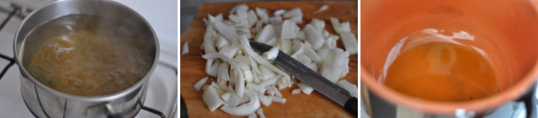 Mettete a bollire il brodo di carne, tagliate la cipolla finemente e scaldate l’olio in una pentola di terracotta.