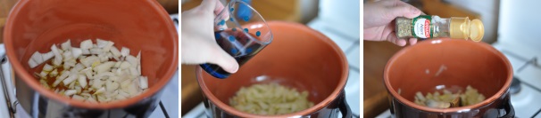 Fate dorare la cipolla, salandola e pepandola. Sfumate con un bicchiere di vino e aggiungete qualche foglia di alloro macinato.