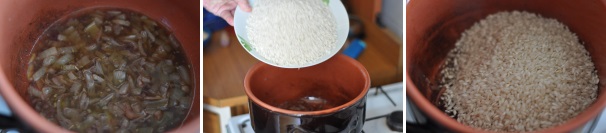 Quando la cipolla ha assorbito il vino aggiungete il riso e fatelo tostare per qualche minuto. Dovrà attaccarsi leggermente alla pentola.