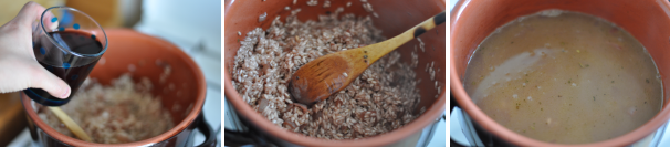 A questo punto irrorate il riso con i due bicchieri di vino rimasti e lasciate evaporare. Aggiungete il brodo di carne fino a coprire bene il riso. Mescolate in modo da amalgamare bene i profumi e lasciate cuocere per circa 10 minuti.