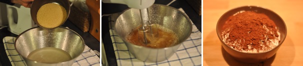 Ora aggiungete lo zucchero di canna e continuate a frullare per incorporare i liquidi. In un recipiente a parte unite la farina, il cacao e il lievito.
