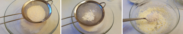 In un’altra terrina setacciate la farina 00 con il lievito e un pizzico di sale. Iniziate ad unire al composto di burro e zucchero un cucchiaio di farina 00.