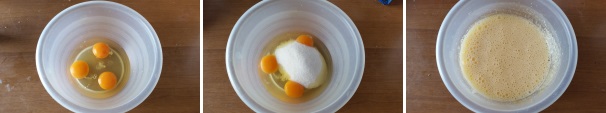 In una ciotola rompete le uova ed unitevi lo zucchero, quindi con l’aiuto di fruste elettriche montate questi due ingredienti per almeno 5 minuti, sino ad avere un composto chiaro e spumoso.