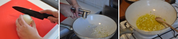 Tagliate la cipolla a cubetti piccoli e schiacciate l’aglio. In un’ampia padella mettete a scaldare l’olio e fate soffriggere aglio e cipolla per qualche minuto.