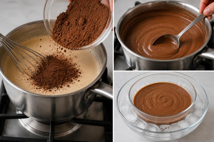 Una volta che avete raggiunto la temperatura di 85° procedete ad aggiungere il cacao in polvere, in alternativa potete utilizzare il Nesquik, e mescolate la crema che si è creata con un mestolo. Fate poi raffreddare in modo rapido il composto per la preparazione del gelato al cioccolato senza gelatiera inserendo la ciotola che lo contiene in una più grande dove avrete inserito del ghiaccio.