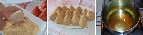 Lavorate bene gli arancini con le mani , facendo attaccare quanto più pan grattato possibile, in modo che non si rompano in cottura. Quando tutti saranno panati mettete a scaldare l’olio in un tegame alto.