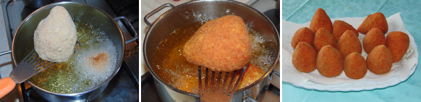 Quando l’olio sarà caldo cuocetevi dentro gli arancini fino a che non saranno dorati e croccanti, quindi serviteli ancora caldi.