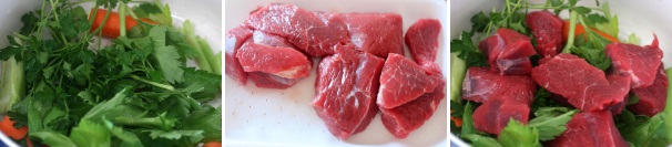 In una pentola capiente mettete la cipolla mondata, le carote, il sedano e il prezzemolo. Successivamente adagiate sopra la carne.