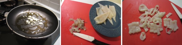 Sbucciate l’aglio, tagliatelo finemente e soffriggetelo in una padella con un cucchiaio d’olio. Lavate e pulite per bene i calamari. Tagliate i tentacoli e le alette a pezzettini, mentre la sacca tagliatela ad anelli. Se non avete ancora imparato a farlo, scoprite qui come pulire i calamari.