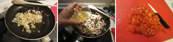 Aggiungete i calamari all’aglio. Soffriggere per due minuti e poi sfumate con il vino. Abbassate il fuoco. Lavate e tagliate i pomodori a cubetti.