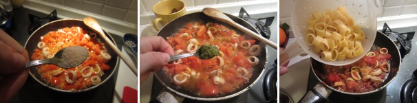 Aggiungete i pomodori ai calamari. Cucinate il tutto per qualche minuto, quindi aggiungete il prezzemolo. Mettete la pasta a cuocere in abbondante acqua salata per circa 10 minuti, dopodiché scolatela e unitela al sugo. Saltatela un minuto in padella per farla insaporire bene. Servite il piatto con del prezzemolo fresco (facoltativo), un filo d’olio e del pepe.