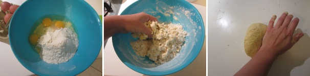 Preparate la pasta fresca all’uovo: mescolate la farina con le uova, aggiungete un pizzico di sale e una goccia d’olio. Lavorate con le mani fino a creare un composto omogeneo.