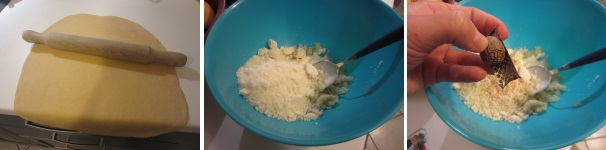 Stendete la sfoglia finemente con il matterello oppure con una macchinetta per la pasta. Preparate ora il ripieno. Unite il formaggio sbriciolato con il parmigiano e la ricotta. Cospargete con la noce moscata.