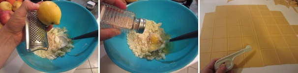 Grattugiate sopra la scorza di limone, aggiungete il sale e il pepe. Tagliate la sfoglia a quadrati grandi circa quattro centimetri.