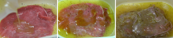 In una pirofila adagiate le fette di carne e irroratele con la salsa citronette ottenuta, coprendo le fettine totalmente. Riponete in frigo per circa 10-12 minuti.