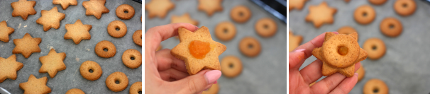 Prendete i biscotti più grandi e farciteli con un cucchiaino di marmellata di arance, dopodiché adagiatevi sopra i biscotti più piccoli. Cospargete di zucchero a velo.