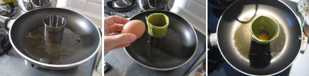 Riscaldate l’olio in una padella. Adagiate in mezzo un coppapasta rotondo e mettete al suo interno due sfoglie di pasta per lasagna, facendole aderire bene ai bordi. Versate un uovo all’interno del cilindro.