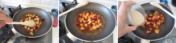 Cuocete le prugne mescolando sempre, fin quando iniziano a tirar fuori il loro succo. A questo punto aggiungete lo zucchero, mescolate e cuocete per circa 40 minuti, mescolando sempre per evitare che si attacchino alla pentola.