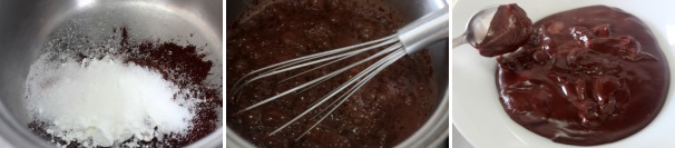 Cominciate col preparare la crema al cioccolato. In un pentolino mettete il cacao, la maizena e lo zucchero, infine versate il latte e mescolate con una frusta. Accendete il fuoco a fiamma bassa continuando a mescolare per eliminare eventuali grumi. Appena inizia il bollore, si addenserà immediatamente, a questo punto spegnete e lasciate raffreddare. Cominciate col preparare la crema al cioccolato. In un pentolino mettete il cacao, la maizena e lo zucchero, infine versate il latte e mescolate con una frusta. Accendete il fuoco a fiamma bassa continuando a mescolare per eliminare eventuali grumi. Appena inizia il bollore, si addenserà immediatamente, a questo punto spegnete e lasciate raffreddare.