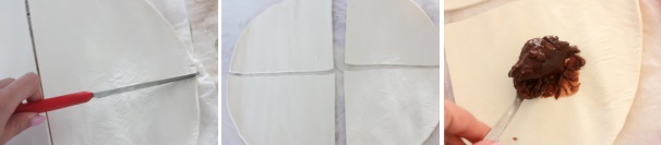 Stendete la pasta sfoglia e con un coltello effettuate un taglio in verticale ed uno in orizzontale a formare una croce. In questo modo otterrete quattro triangoli. A questo punto al centro di ogni trancio potete mettere la crema. Stendete la pasta sfoglia e con un coltello effettuate un taglio in verticale ed uno in orizzontale a formare una croce. In questo modo otterrete quattro triangoli. A questo punto al centro di ogni trancio potete mettere la crema.