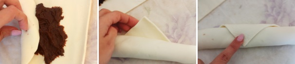 Arrotolate delicatamente e una volta arrivati alla punta adagiatela in modo che si veda nella parte superiore . Arrotolate delicatamente e una volta arrivati alla punta adagiatela in modo che si veda nella parte superiore .