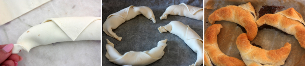 Chiudete le estremità arrotolando con le dita la pasta cercando nello stesso tempo di dare la forma di mezzaluna tipica dei cornetti. A questo punto trasferite i cornetti in una teglia con della carta da forno ed infornate a 180 °C per circa 15 minuti. Chiudete le estremità arrotolando con le dita la pasta cercando nello stesso tempo di dare la forma di mezzaluna tipica dei cornetti. A questo punto trasferite i cornetti in una teglia con della carta da forno ed infornate a 180 °C per circa 15 minuti.