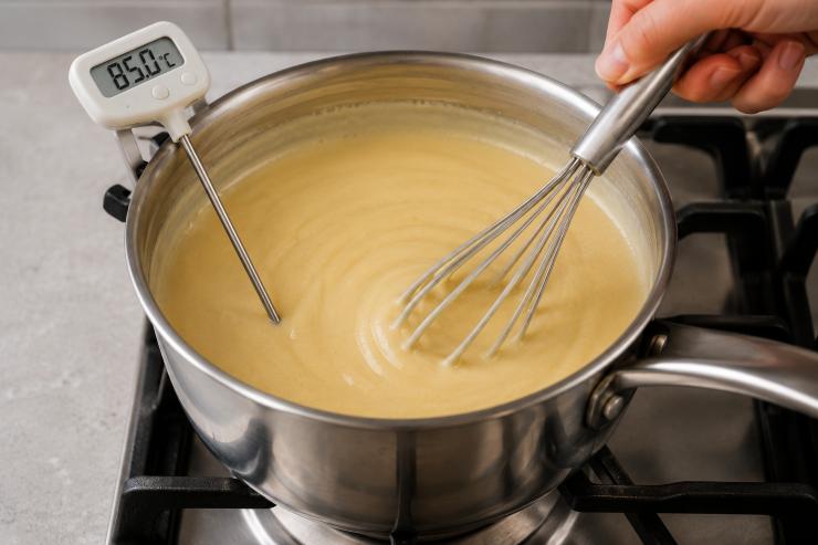 Cuocete il tutto per circa cinque minuti, il tempo necessario affinché la temperatura del composto del dessert raggiunga gli 85° gradi. Vi ricordiamo che non dovete portare a bollore o si creeranno dei grumi e il vostro gelato al cioccolato non sarà così gustoso come sperate.
