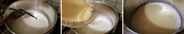 Non appena il latte sfiora il bollore eliminate il baccello di vaniglia. Unite i tuorli montati con lo zucchero e la fecola di patate. Vedrete che il composto rimarrà in superficie.