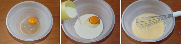 Preparate l’impasto per le crepes mescolando insieme in una scodella le uova con 340 millilitri di latte, lavorandole con la frusta in modo da montare leggermente le uova.