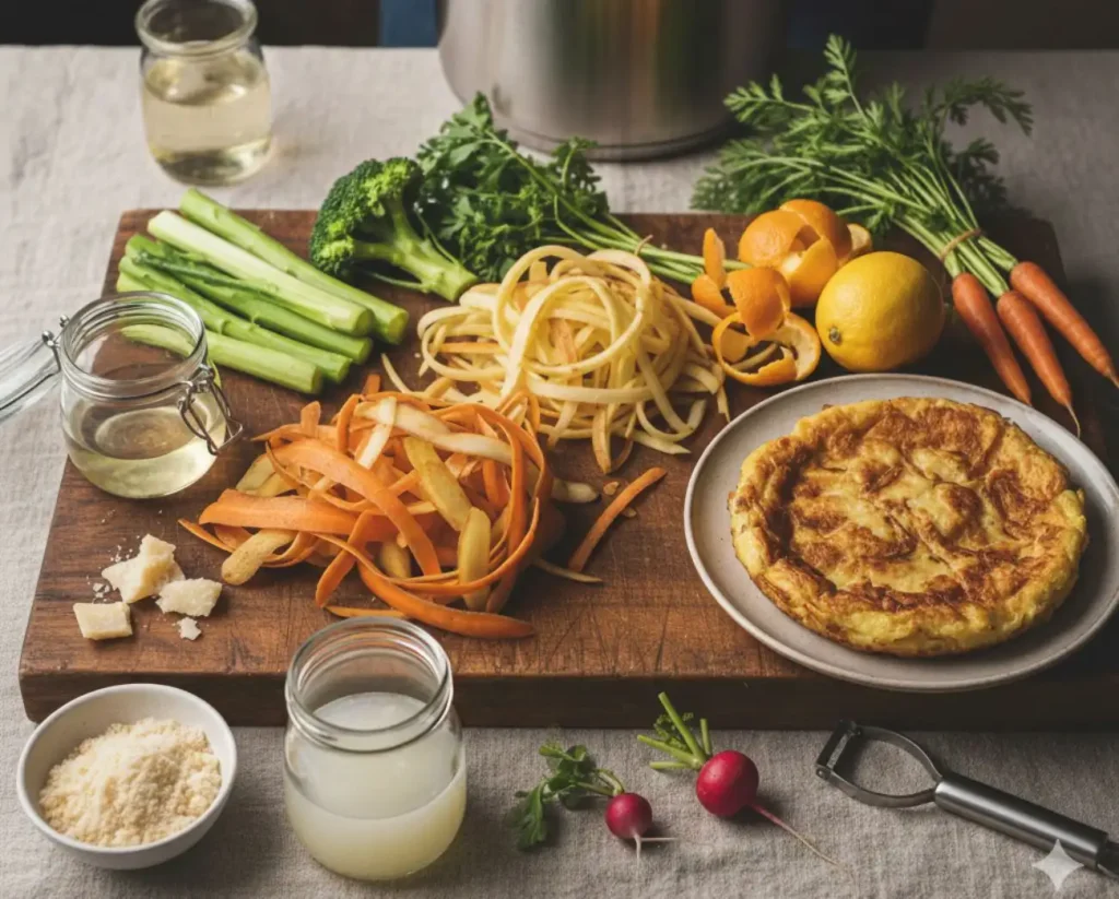 cucina-antispreco-scarti-alimentari-2026 Ingredienti vegetali di recupero, bucce di carota e patata, gambi di broccoli e frittata di avanzi su un tagliere di legno per cucina antispreco.